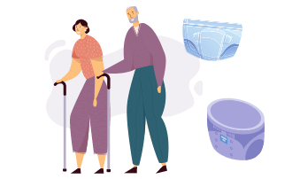 Old man and woman beside incontinence supplies