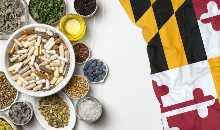 Bowl of food supplements, Maryland flag