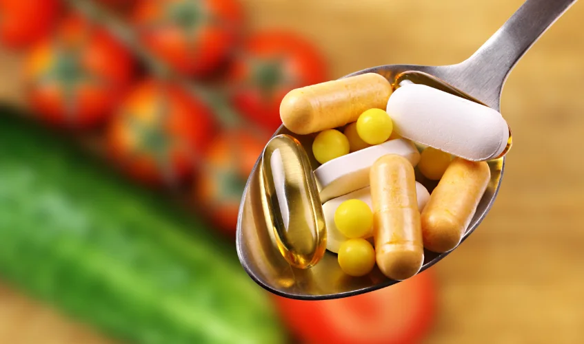 Dietry supplements in spoon, vegetables in background