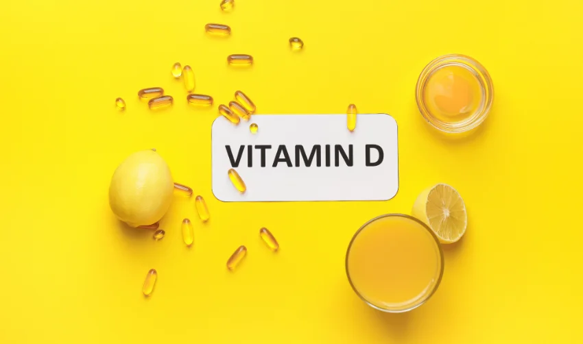 Text VITAMIN D and Different Healthy Products on Yellow Background