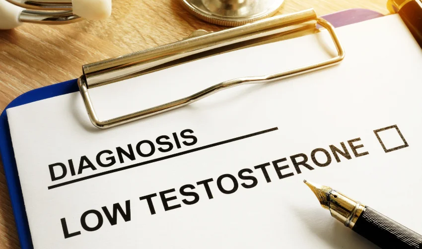 Diagnosis Low testosterone and pen on a desk.