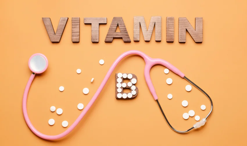 Text VITAMIN B with Stethoscope and Pills on Color Background