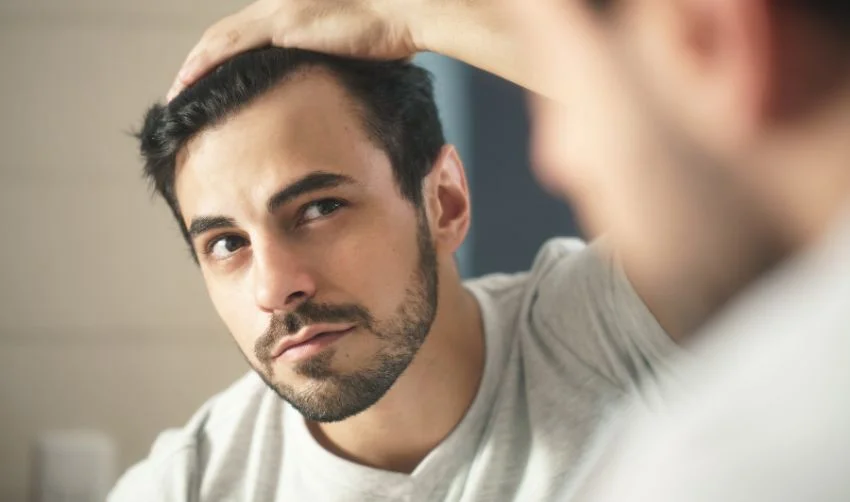 Man Worried for Alopecia Checking Hair for Loss