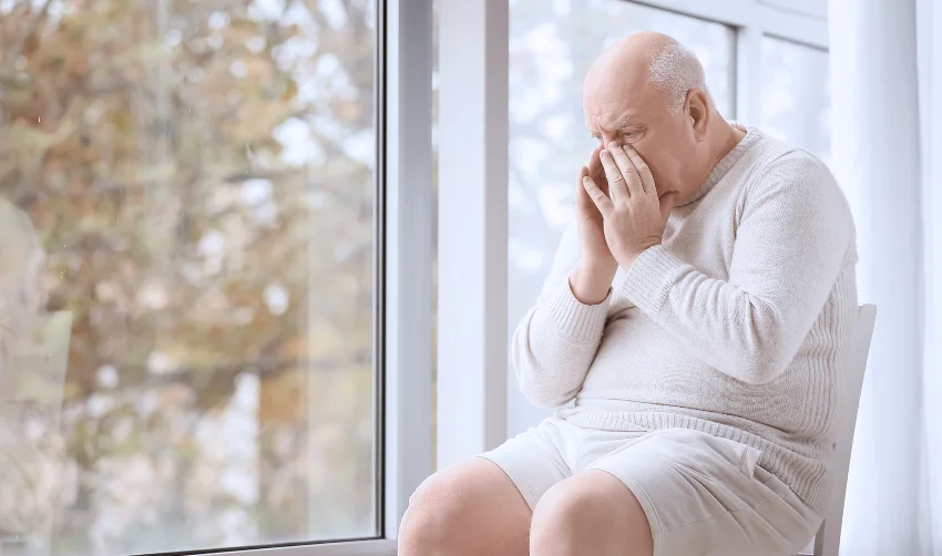 Sad Senior Man near Window in Clinic. Prostate Cancer Awareness Concept
