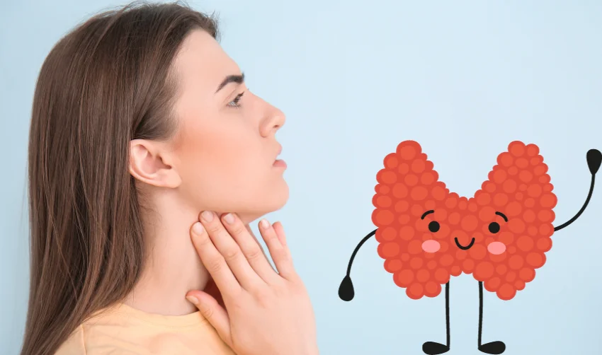 Young Woman Checking Her Thyroid Gland on a Blue Background